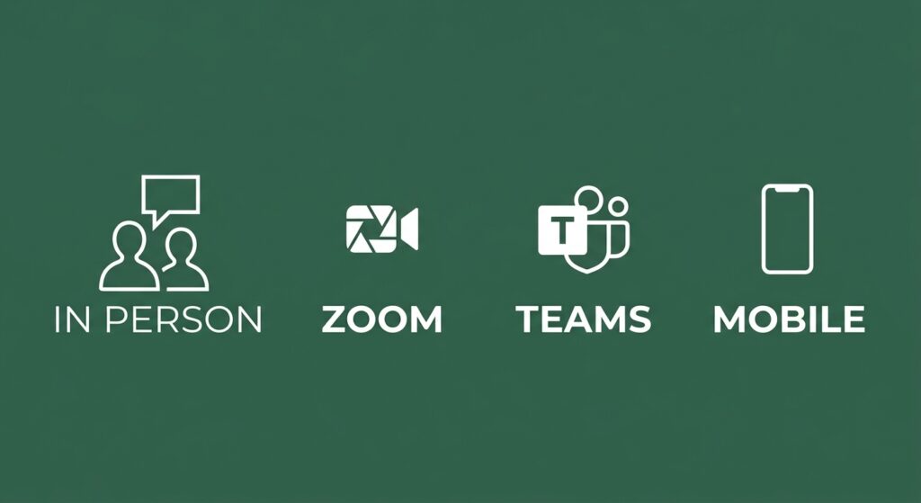 In person, Zoom, Teams and mobile